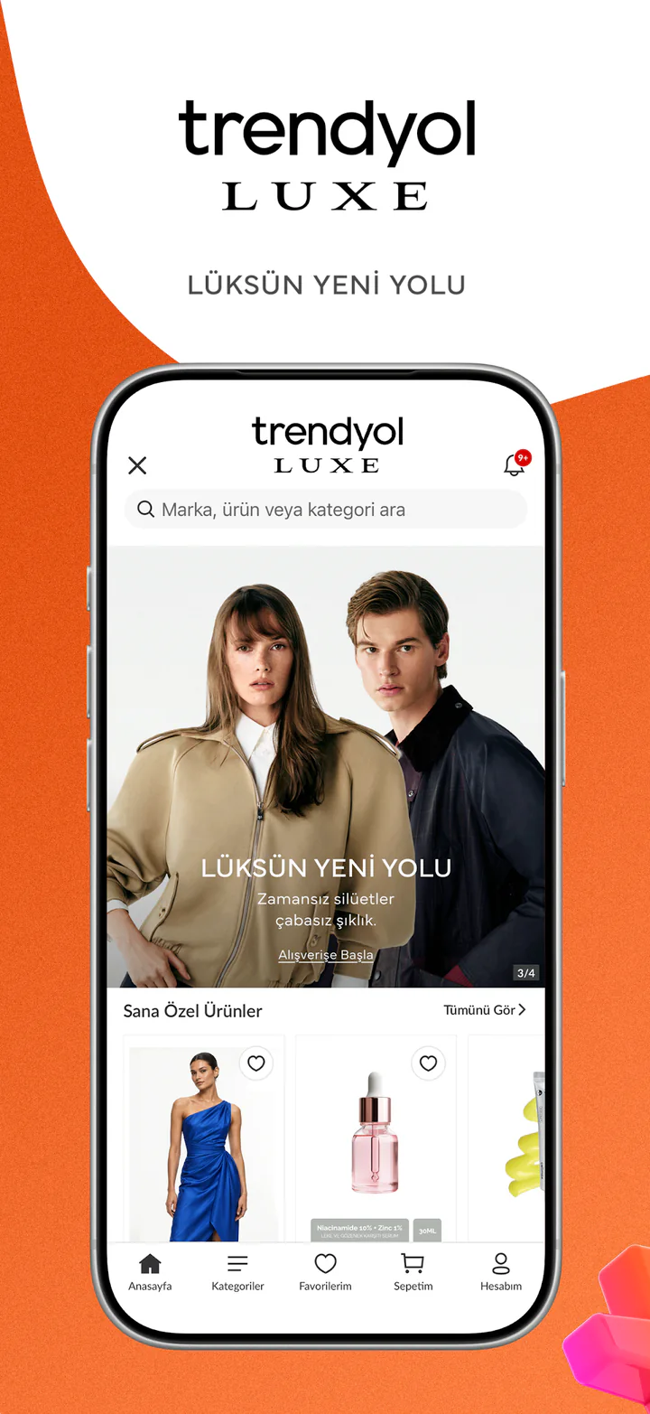Trendyol uygulamasının resmî mağaza görselindeki LUXE alışveriş ekranı; ürün fotoğrafları ve uygulama menüsü