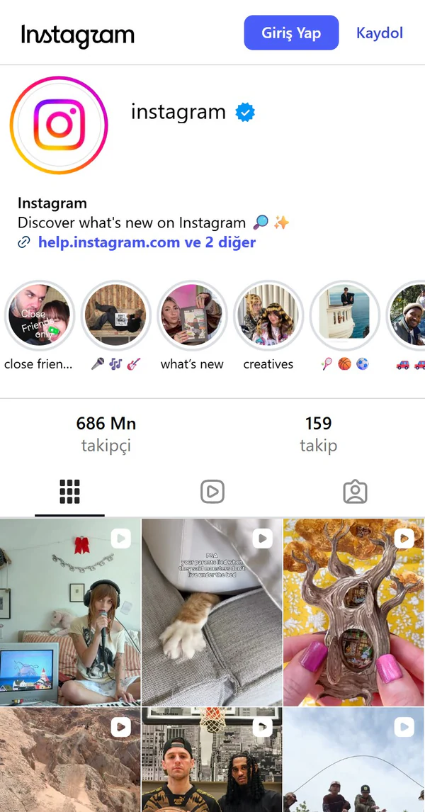 Instagram resmî instagram profilinin gerçek ekran görüntüsü; doğrulanmış hesap, hikâyeler ve gönderiler