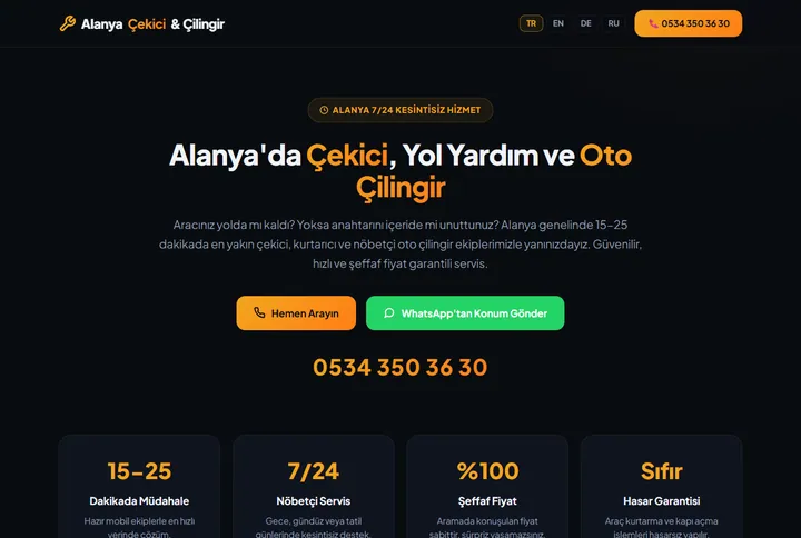 Alanya Çekici & Çilingir sitesinin gerçek ekran görüntüsü